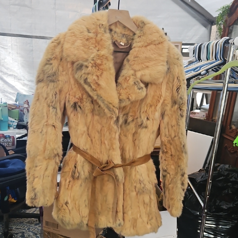 Rabbit Fur Belted Coat in Camel